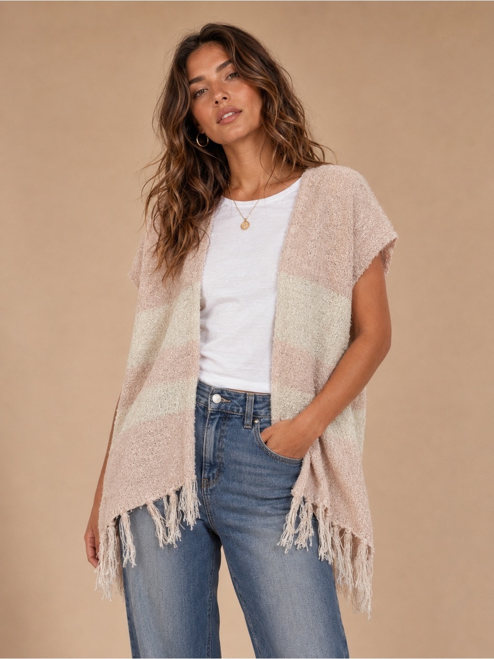 Soft Pastel Fringe Sweater Poncho One Size Cozy Boho